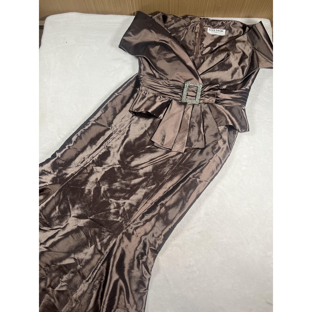 Satin Formal 2 Piece Set Womens Medium Brown Top Skirt Rhinestone Belted Maxi